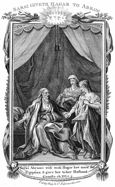 Sarah, Abraham's wife, being barren, offers Hagar her maid to her husband