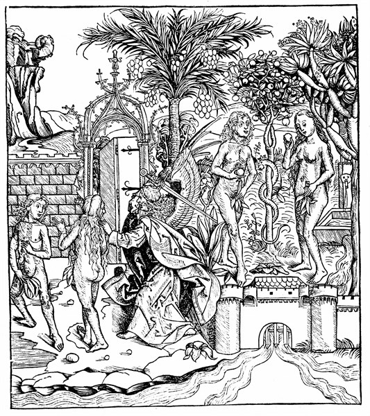 Adam et Ève, tentés par le Serpent, mangent les fruits de l'Arbre de la Connaissance