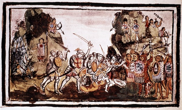 Spanish conquistador attacking natives in Mexico