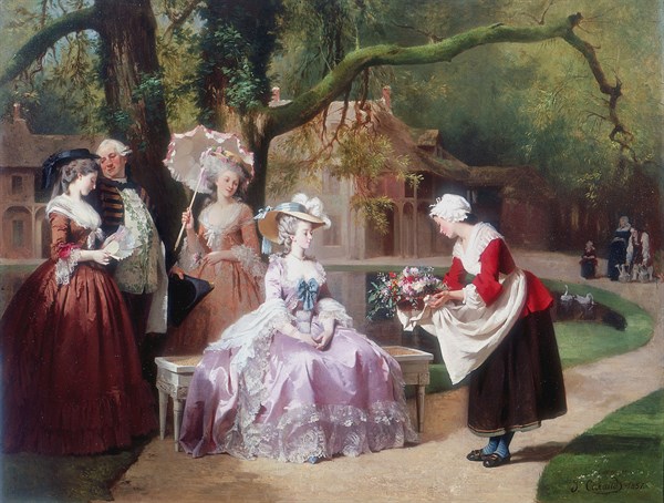 L'Impératrice Eugénie recevant un bouquet de fleur de la part d'une paysanne