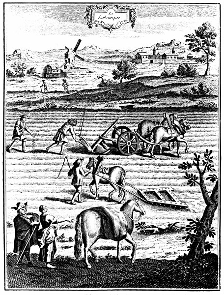 Labourage et hersage avec des chevaux, plantage de graines