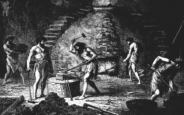 Artist's reconstruction of a late Iron Age forge.  In centre smith is hammering iron