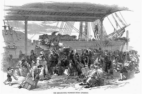 Irish emigrants embarking for America at Waterloo Docks, Liverpool
