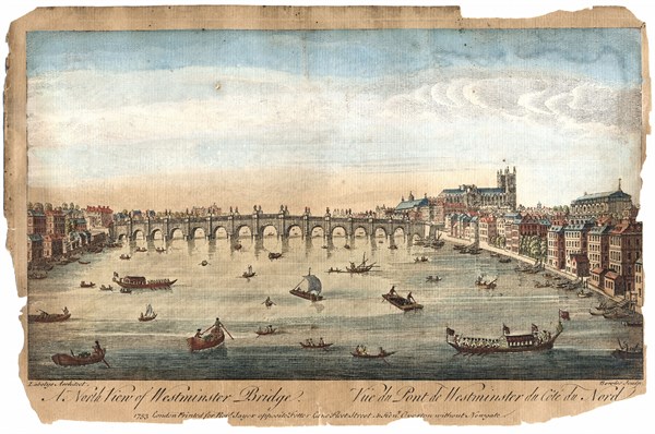 Westminster Bridge London showing Westminster Abbey on right