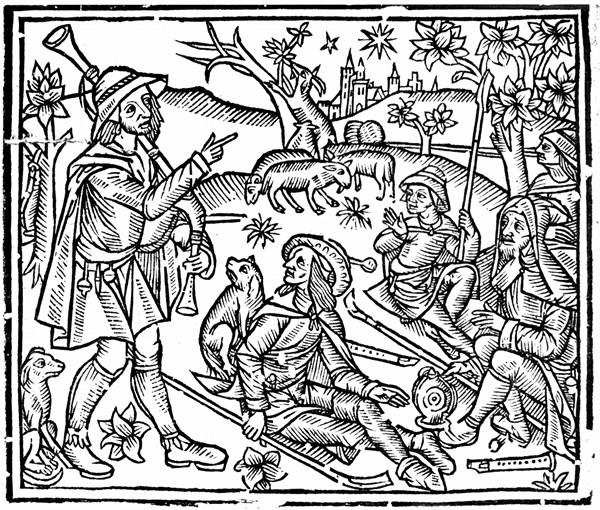 Shepherds with their flocks and dogs