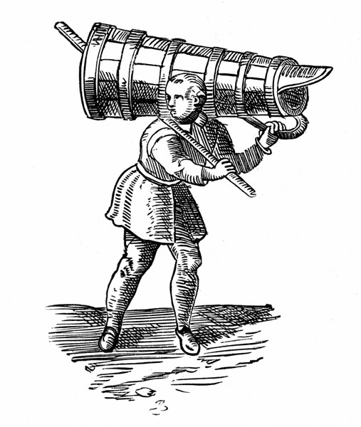 An apprentice, carrying a vessel wooden  as tall as himself, on his way to fetch water