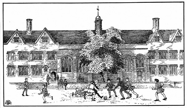 Artist's impression of boys in Tudor times playing football at Berkhamsted Grammar School, Hertfordshire