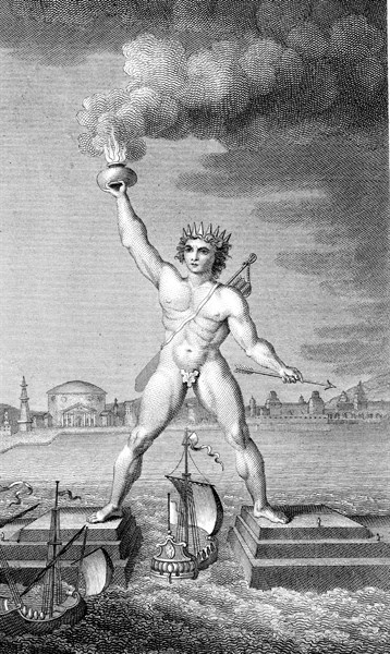 Colossus of Rhodes, lighthouse in form of giant marking the entrance of the harbour by holding a
