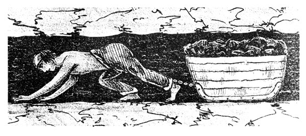Boy 'putter' dragging a sledge of coal along a narrow seam - South Wales