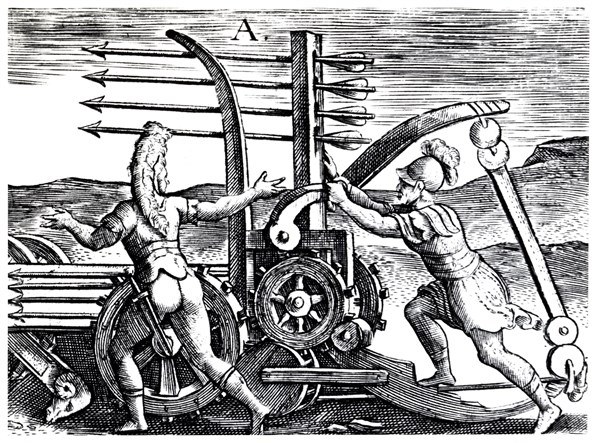 Roman soldiers using a war engine firing multiple arrows