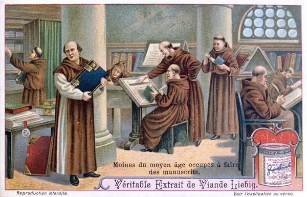 Monks at work on manuscripts in a scriptorium