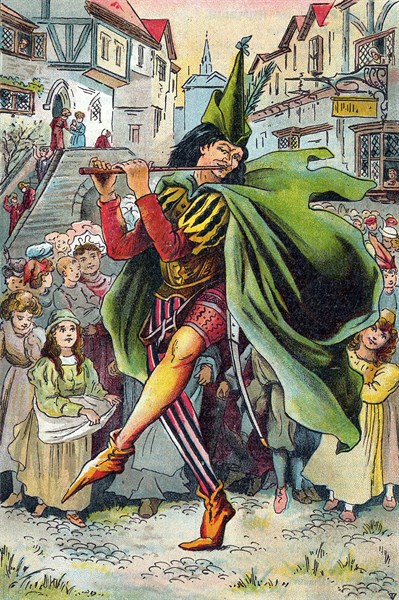 Pied Piper leading away children of German town of Hamelin