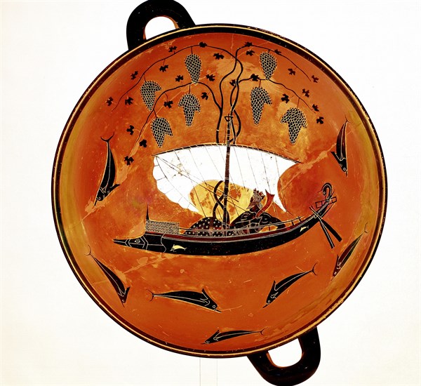 Dionysius, Greek god of wine) in sailing boat surrounded by dolphins Greek dish 530 BC