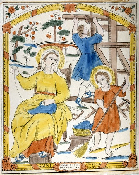 The Holy Family: St Joseph works as carpenter in background, while Mary sews and the boy Jesus sweeps the room