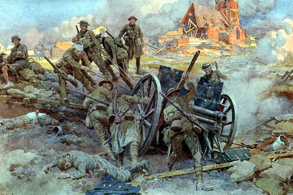 'To the Victors!' British troops man-handling a captured German Field Gun as they remove it from its position - 1917/18