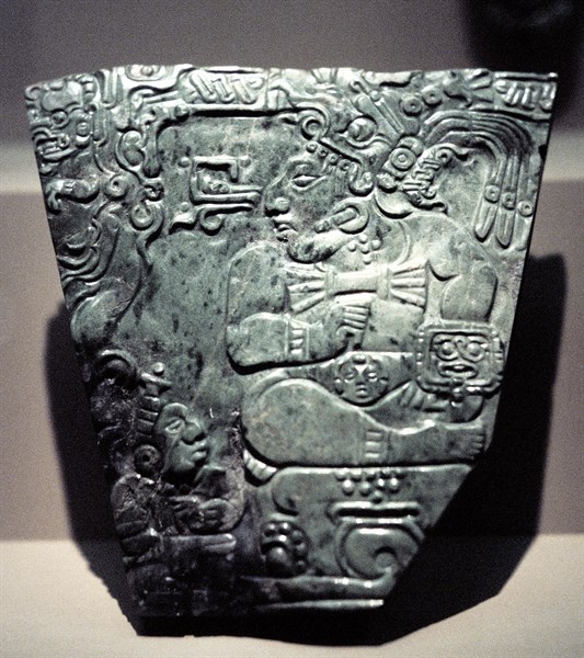 Jade plaque showing Mayan king seated, 400-800