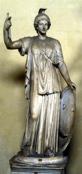 Minerva: Ancient Roman goddess of wisdom, patroness of arts, wearing helmet and holding shield