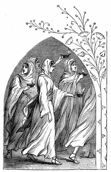 The Wise Virgins going to meet the bridegroom, their lamps shining brightly