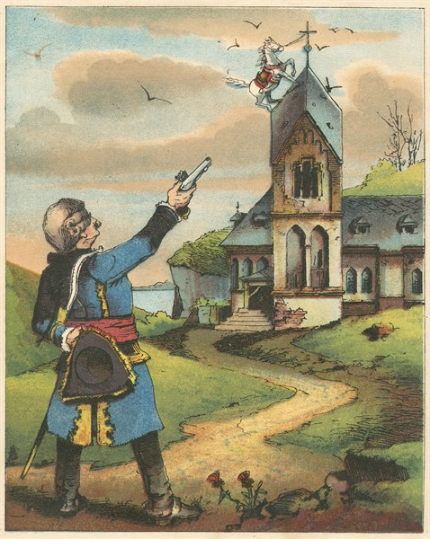 Munchausen, having tethered his horse to pole in snowstorm