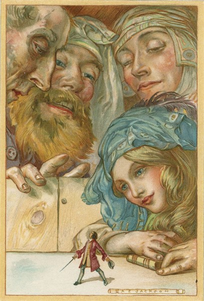 Gulliver walking about on the table at the inn as Glumdalcitch, his "little" Brobdingnagian nurse commanded him