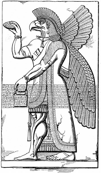 Assyrian winged god Nisroch carrying the pine cone, symbol of regeneration