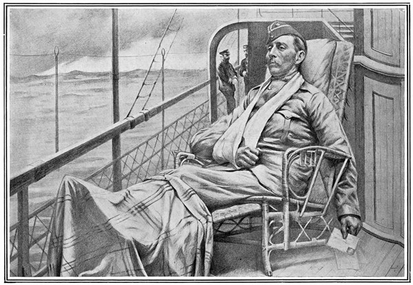 A wounded British officer sitting on deck on his way home from South Africa