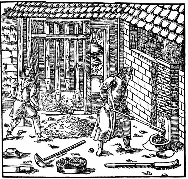 Stamping and roasting ore to extract metal, c.1556