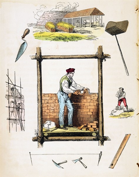 Bricklayer working on wooden scaffold