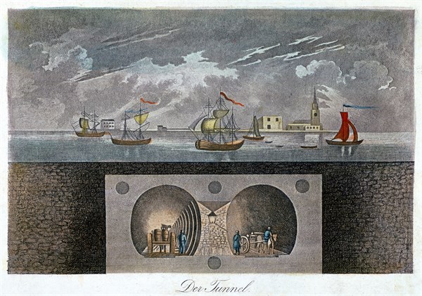 Cross-section showing position of Thames and a double arched masonry tunnel