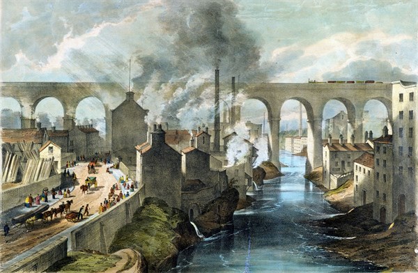 Train crossing Stockport viaduct on London & North Western Railway