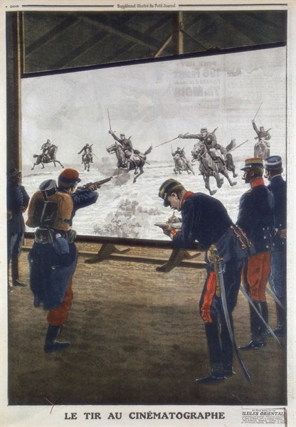 French soldiers using film of a cavalry charge for rifle practice