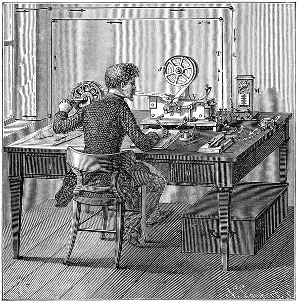 Operator receiving a message in Morse code on printing telegraph