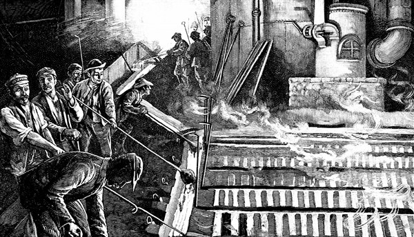 Tapping blast furnace and casting iron into 'pigs