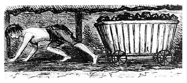 Boy 'putter' drawing a carriage containing 2 1