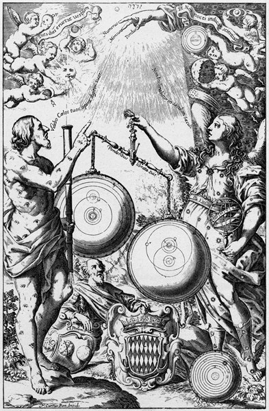 Urania, the Muse of Astronomy, weighing and comparing systems of the universe and giving greater weight to Tycho's system, right, than to that of Copernicus