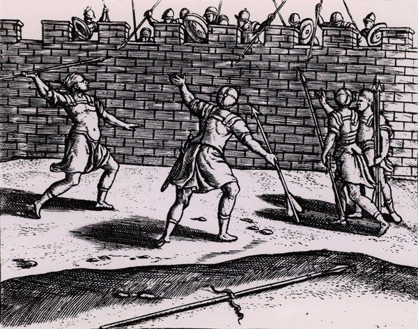Roman spearmen attacking the walls of a besieged fortress