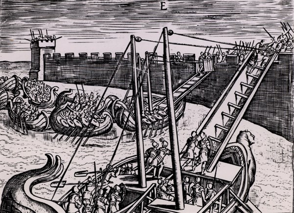 Roman soldiers sclaing the walls of a fortress