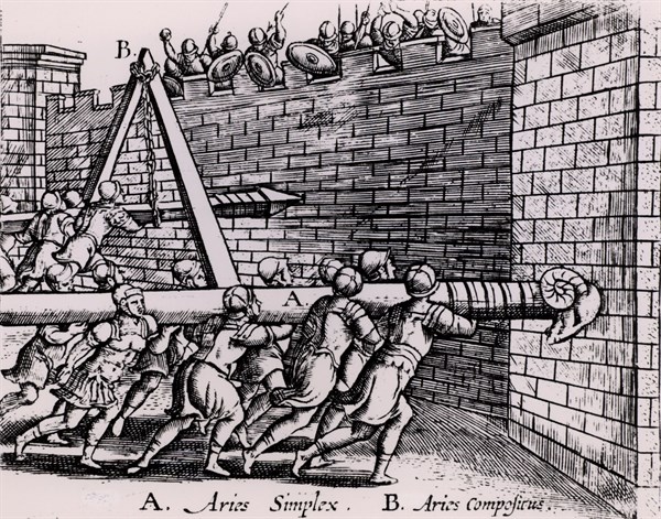 Roman soldier using two forms of battering ram against the walls of a fortress