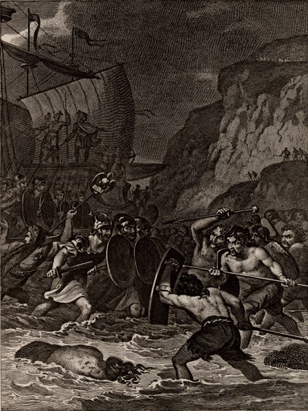 Roman troops under Julius Caesar invading Britain
