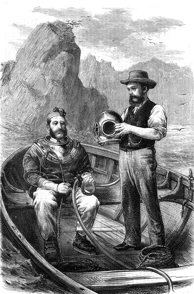 Diver being assisted into a Siebe and Gorman diving suit