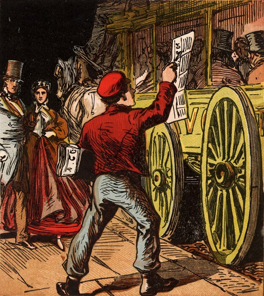 Newsboy selling papers in a London street as a horse bus stands at the kerbside