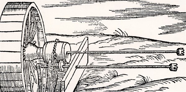 Shafts of a cannon boring machine with drilling bits on the end
