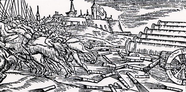 Fire tubes being fired at enemy cavalry from cannon