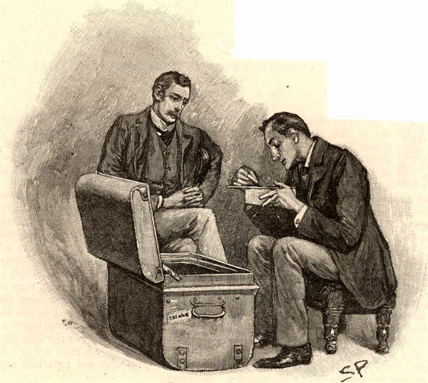 The Adventure of the Musgrave Ritual'.  Dr Watson watching Sherlock Holmes going through mementoes