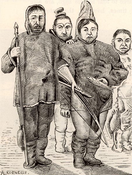 Greenlanders in polar dress made of animal skins