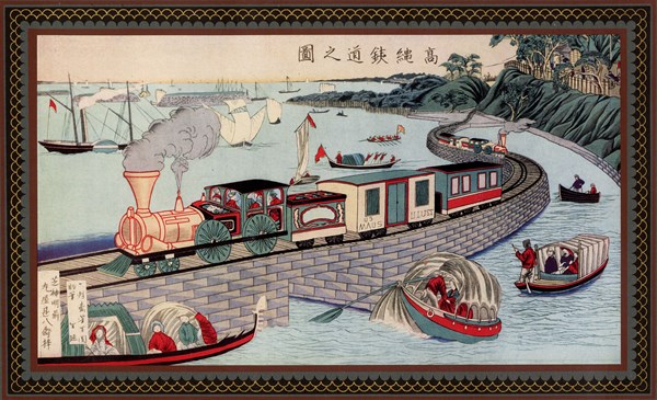 Train crossing a causeway across a bay on the Takanawa Railroad