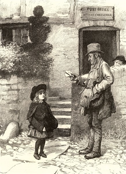 Little girl asking the village postman if there is a letterr for her. Engraving from "The