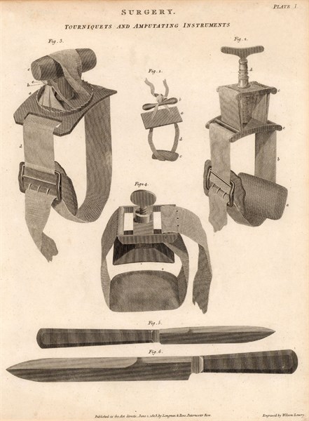 Knives and tourniquets used for amputation