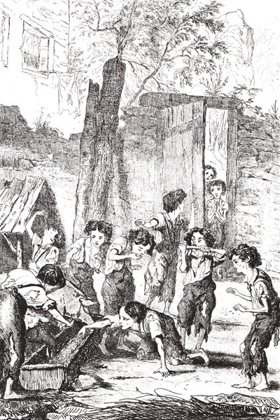 Half-starved factory children supplementing their meagre rations
