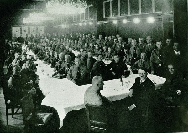 Adolph Hitler at a gathering of National Socialist Party (Nazi) members of the Reichstag, 1930s.
